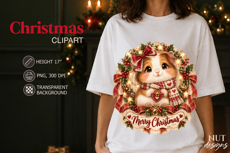 Merry Christmas Guinea Pig Clipart PNG Vintage Christmas