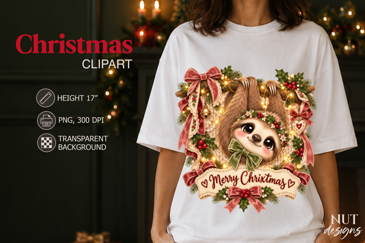 Merry Christmas Sloth Clipart PNG Vintage Christmas