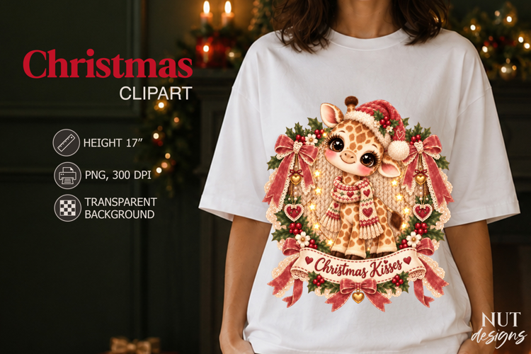 Christmas Kisses Giraffe Clipart PNG Vintage Christmas