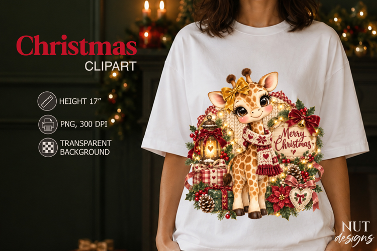 Merry Christmas Giraffe Clipart PNG Vintage Christmas
