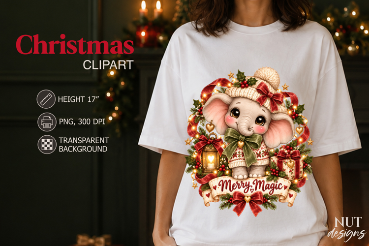 Cute Christmas Elephant Clipart PNG Vintage Christmas