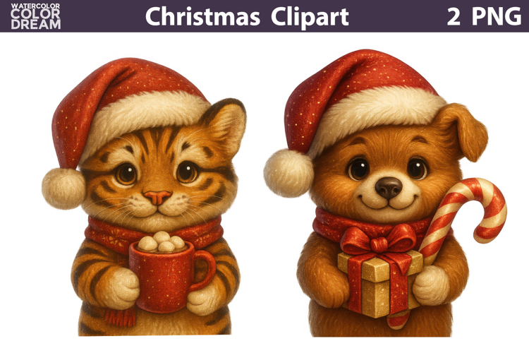 Vintage Christmas Clipart | Cute Animals Sublimation