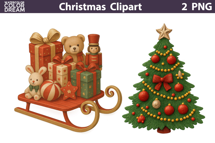Vintage Christmas Clipart | Sleigh Gifts Christmas Tree
