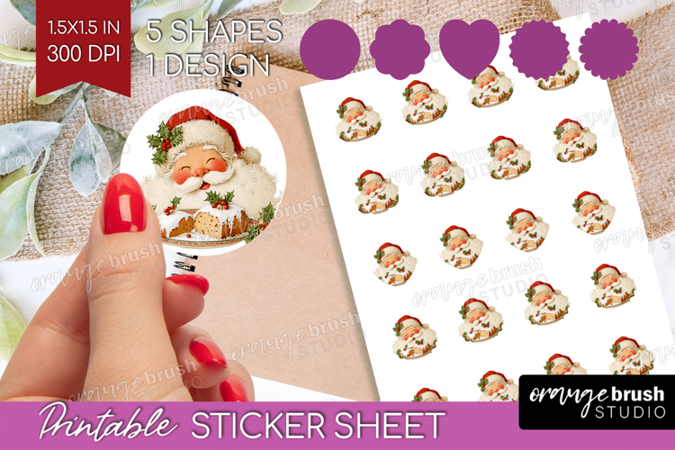 Vintage Christmas Round Sticker - Retro Xmas Printable Sheet