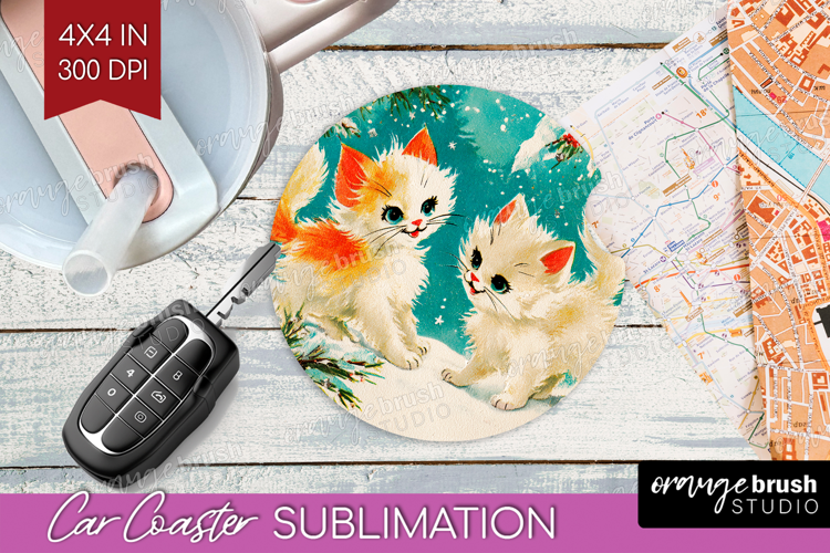 Vintage Christmas Car Coaster - Retro Xmas Coaster PNG