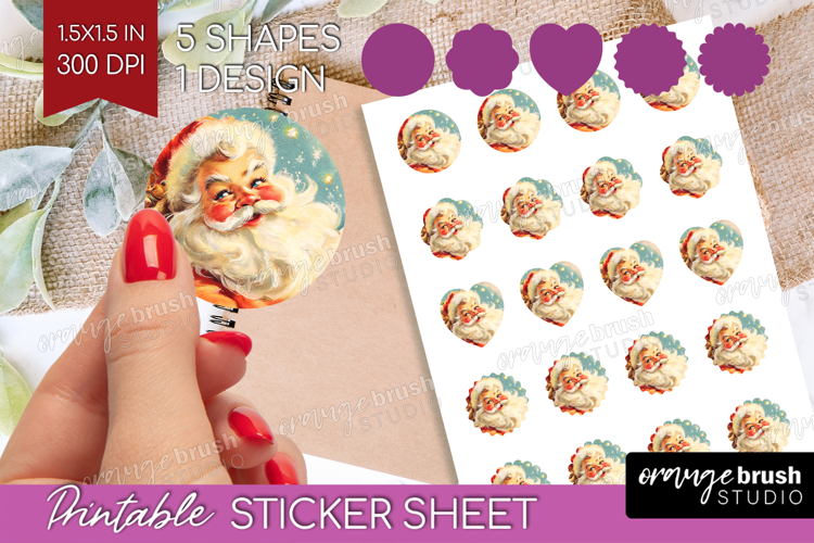 Vintage Christmas Round Sticker - Retro Xmas Printable Sheet