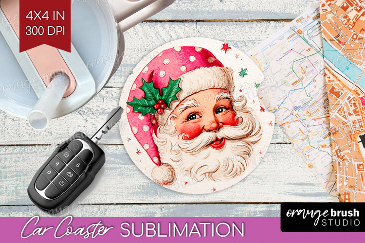 Vintage Christmas Car Coaster - Retro Xmas Coaster PNG