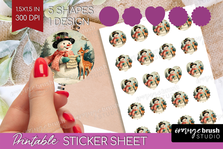 Vintage Christmas Round Sticker - Retro Xmas Printable Sheet