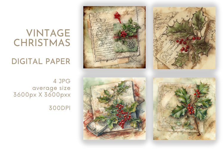Vintage Holly Christmas Paper | Watercolor JPG example image 1