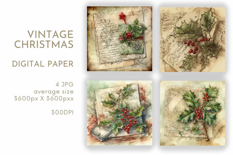 Vintage Holly Christmas Paper | Watercolor JPG