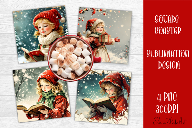 Vintage Christmas Sublimation, retro square Coaster Design