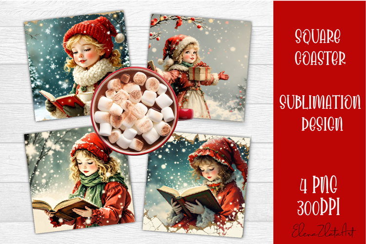 Vintage Christmas Sublimation, retro square Coaster Design