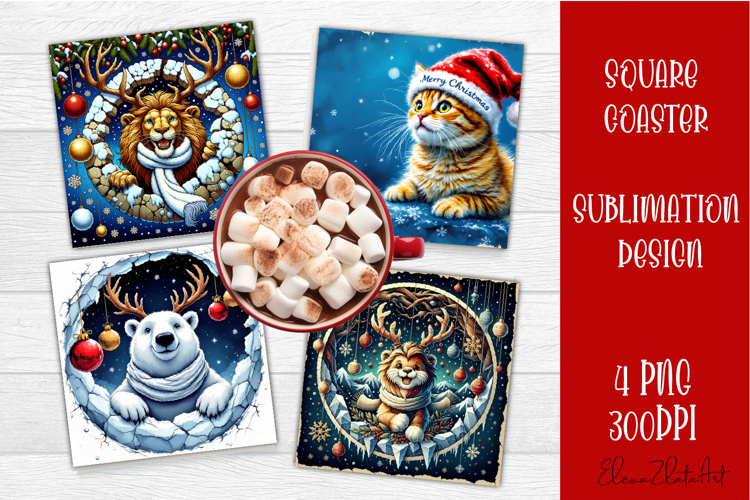 Vintage Christmas Sublimation, retro square Coaster Design