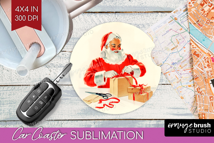 Vintage Christmas Car Coaster - Retro Xmas Coaster PNG