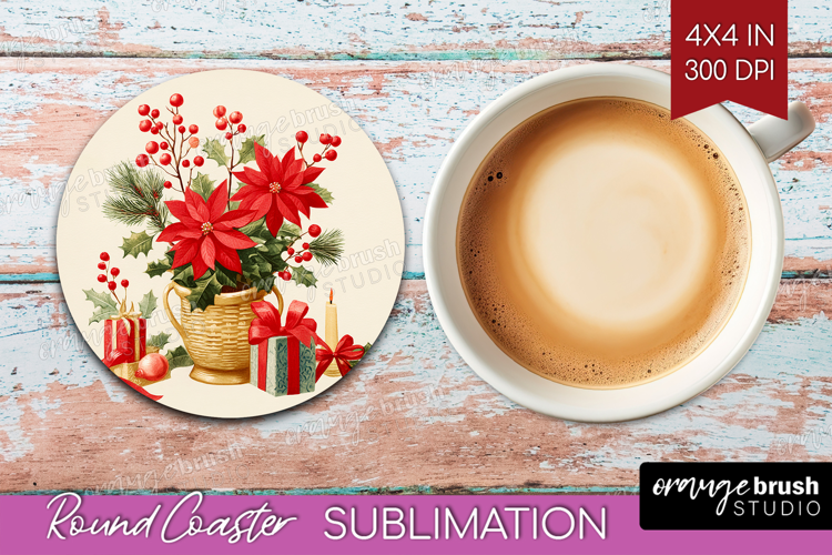Vintage Christmas Round Coaster - Retro Xmas Coaster PNG