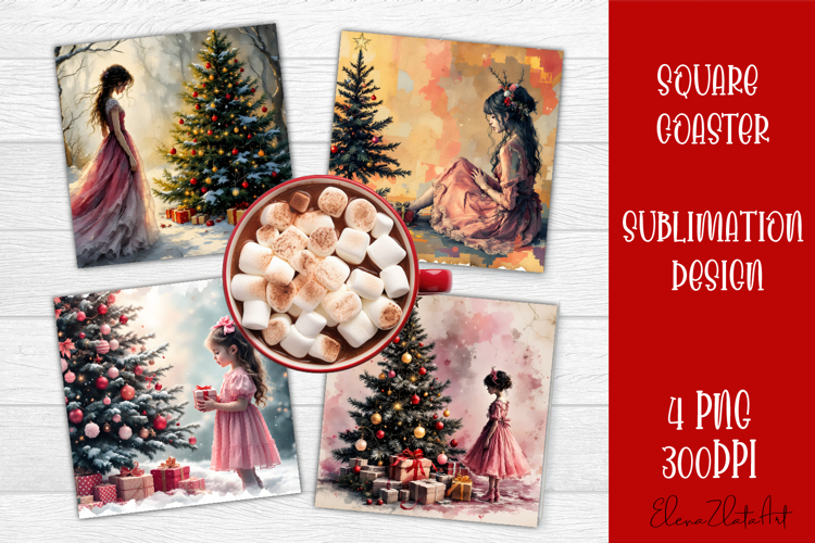 Vintage Christmas Sublimation, retro square Coaster Design