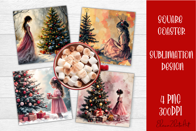 Vintage Christmas Sublimation, retro square Coaster Design