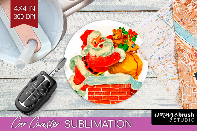 Vintage Christmas Car Coaster - Retro Xmas Coaster PNG