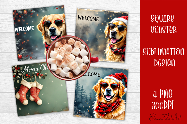 Vintage Christmas Sublimation, retro square Coaster Design