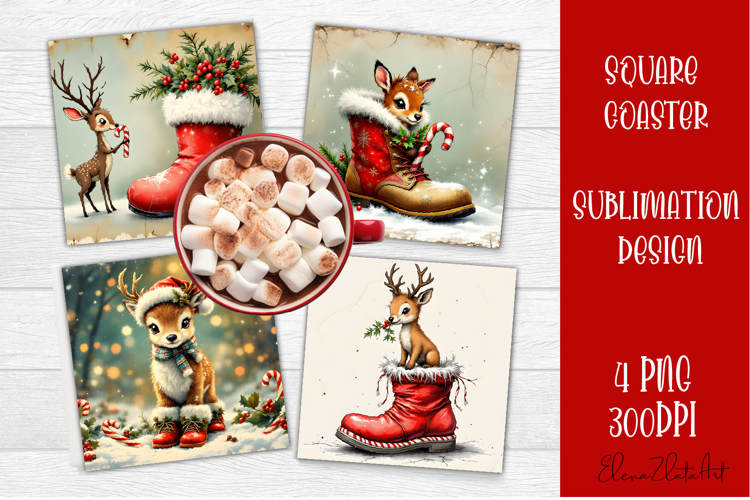 Vintage Christmas Sublimation, retro square Coaster Design