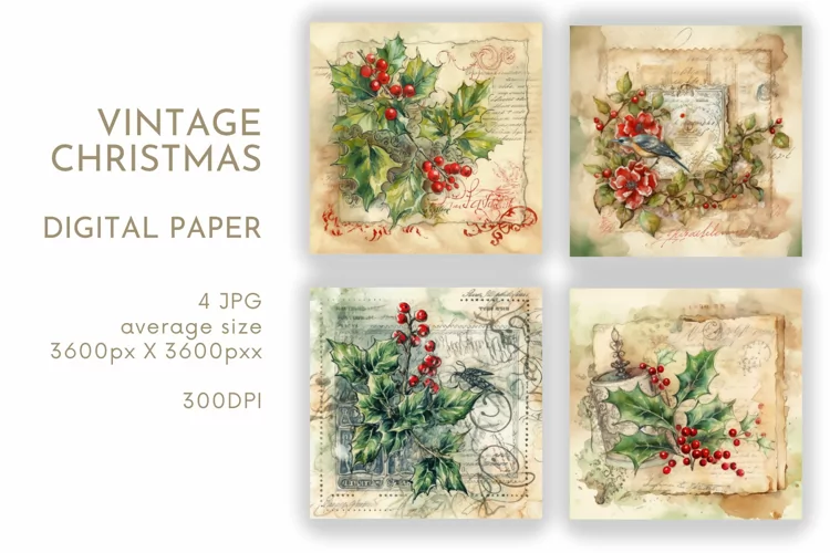 Vintage Holly Christmas Paper | Watercolor JPG
