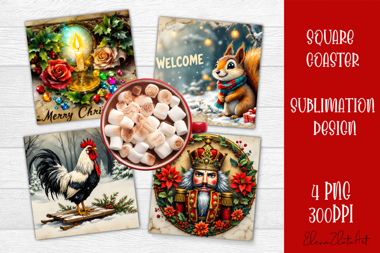Vintage Christmas Sublimation, retro square Coaster Design