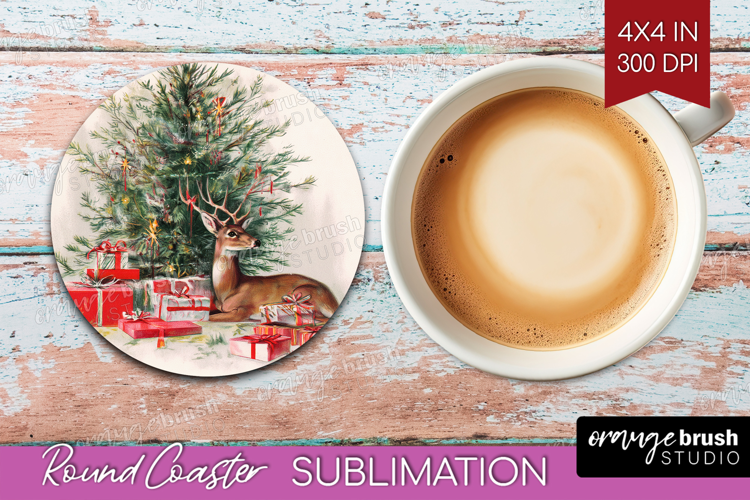 Vintage Christmas Round Coaster - Retro Xmas Coaster PNG