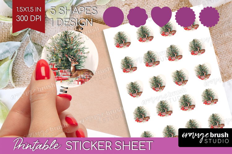 Vintage Christmas Round Sticker - Retro Xmas Printable Sheet