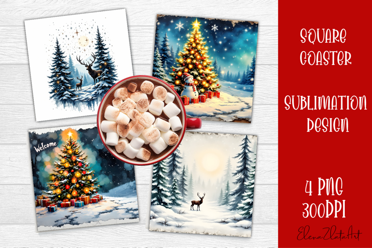 Vintage Christmas Sublimation, retro square Coaster Design