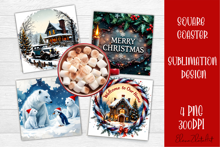 Vintage Christmas Sublimation, retro square Coaster Design