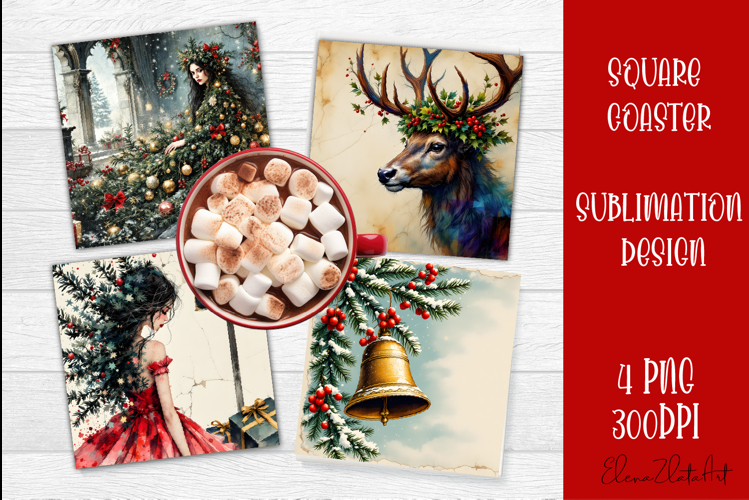 Vintage Christmas Sublimation, retro square Coaster Design