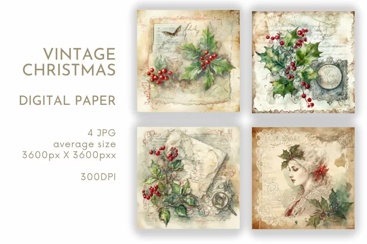 Vintage Holly Christmas Paper | Watercolor JPG