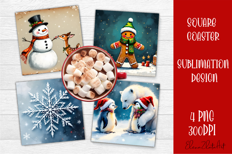 Vintage Christmas Sublimation, retro square Coaster Design
