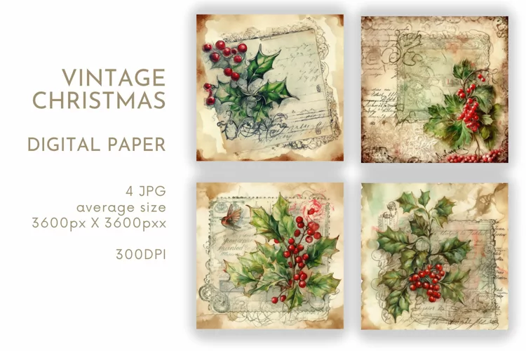 Vintage Holly Christmas Paper | Watercolor JPG