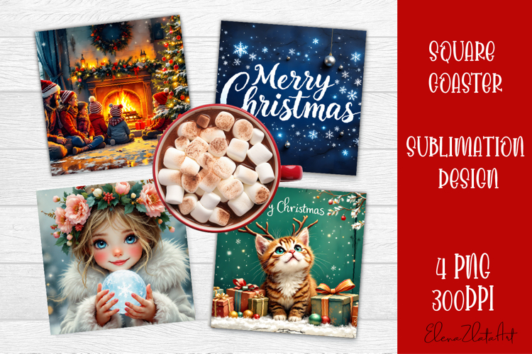 Vintage Christmas Sublimation, retro square Coaster Design