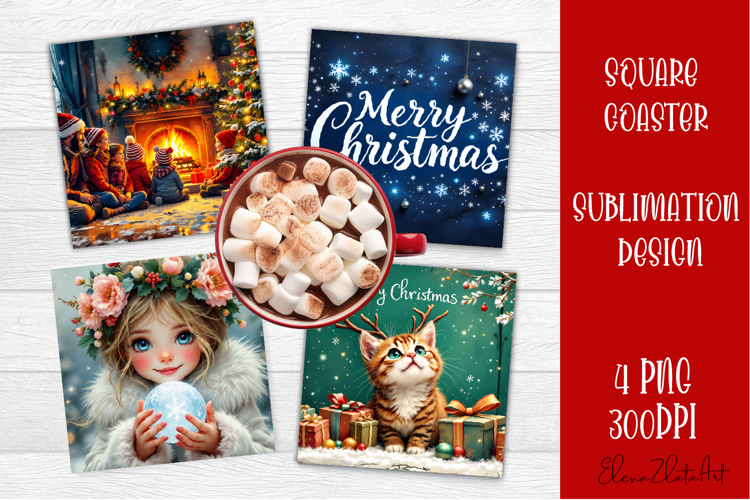 Vintage Christmas Sublimation, retro square Coaster Design