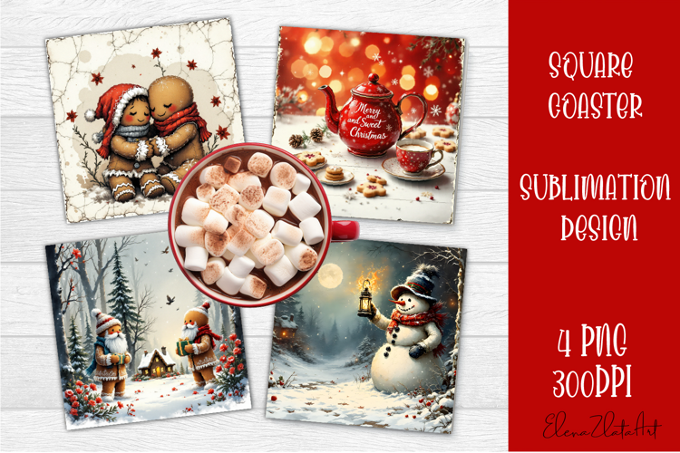 Vintage Christmas Sublimation, retro square Coaster Design