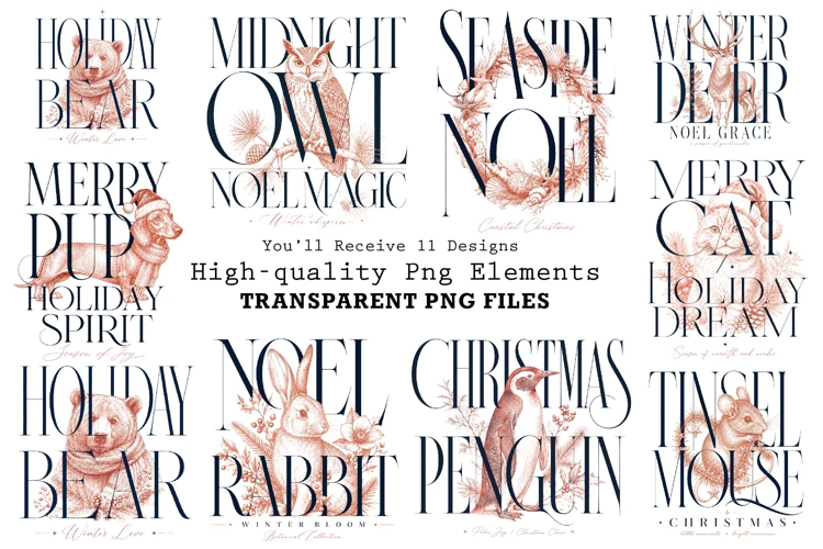 Vintage Christmas Animal Typography Bundle