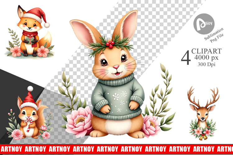 Clipart Vintage Christmas Animals Watercolor
