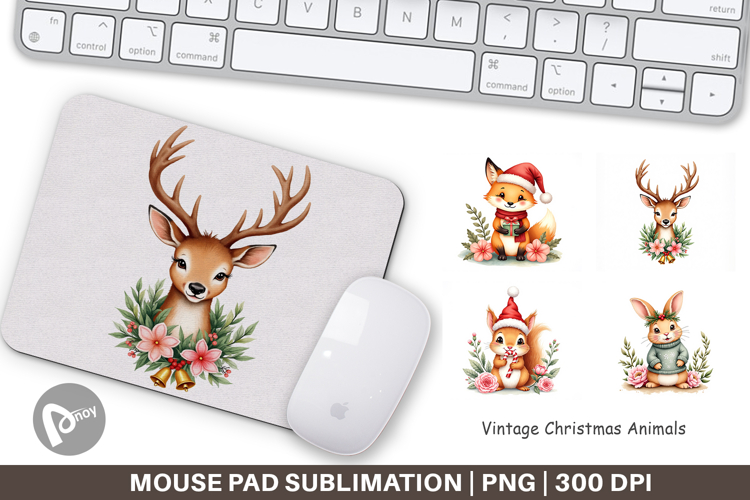Mouse Pad Vintage Christmas Animals Watercolor