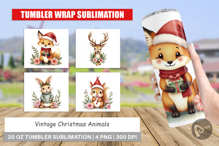 Tumbler Vintage Christmas Animals Watercolor