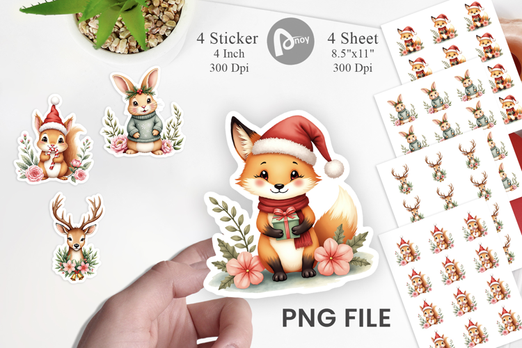Sticker Vintage Christmas Animals Watercolor