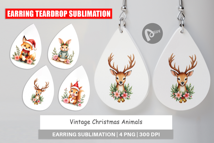 Earring Vintage Christmas Animals Watercolor