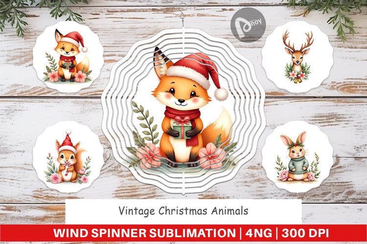 Wind Spinner Vintage Christmas Animals Watercolor