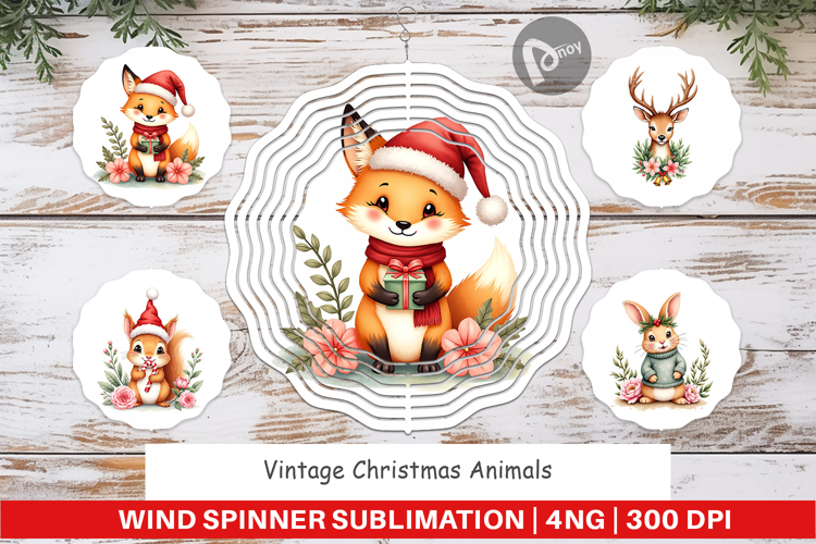 Wind Spinner Vintage Christmas Animals Watercolor