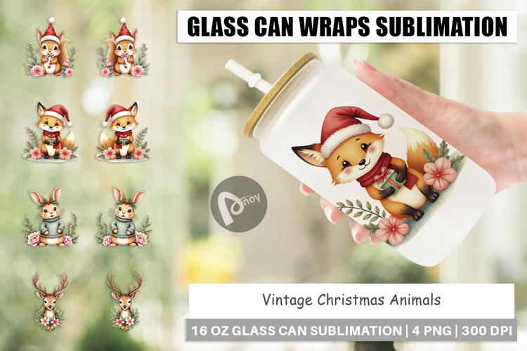 Glass Can Vintage Christmas Animals Watercolor