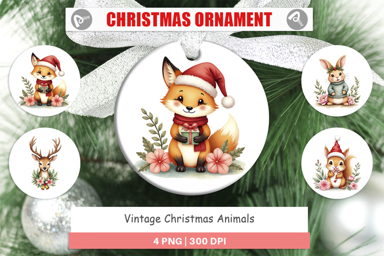 Ornament Vintage Christmas Animals Watercolor
