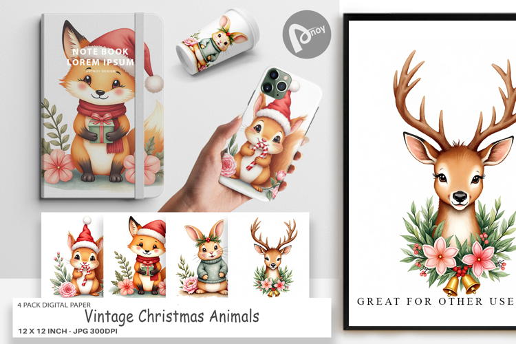 Digital Paper Vintage Christmas Animals Watercolor