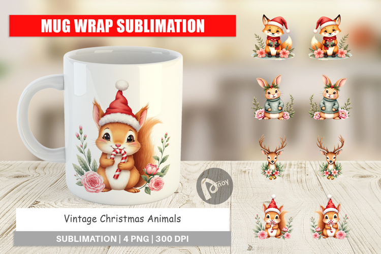 Mug Wrap Vintage Christmas Animals Watercolor