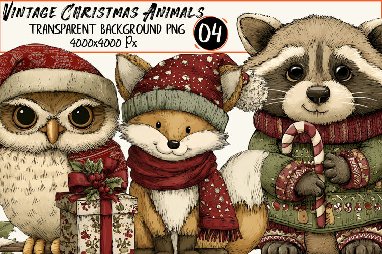 Vintage Christmas Animals Clipart Sublimation